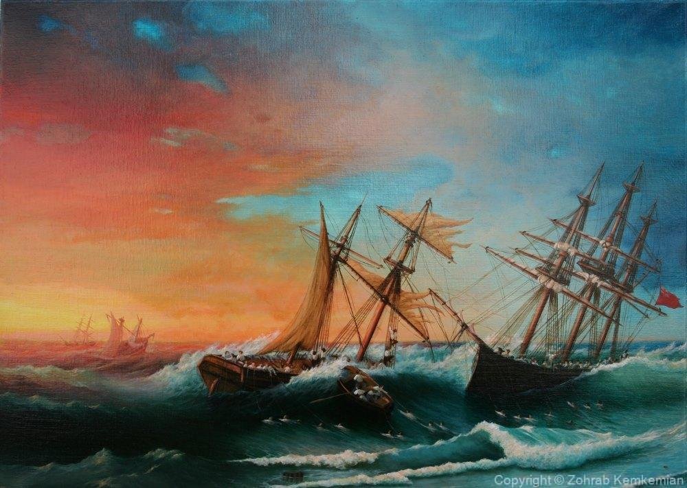 2015 Ships in the storm by the coast